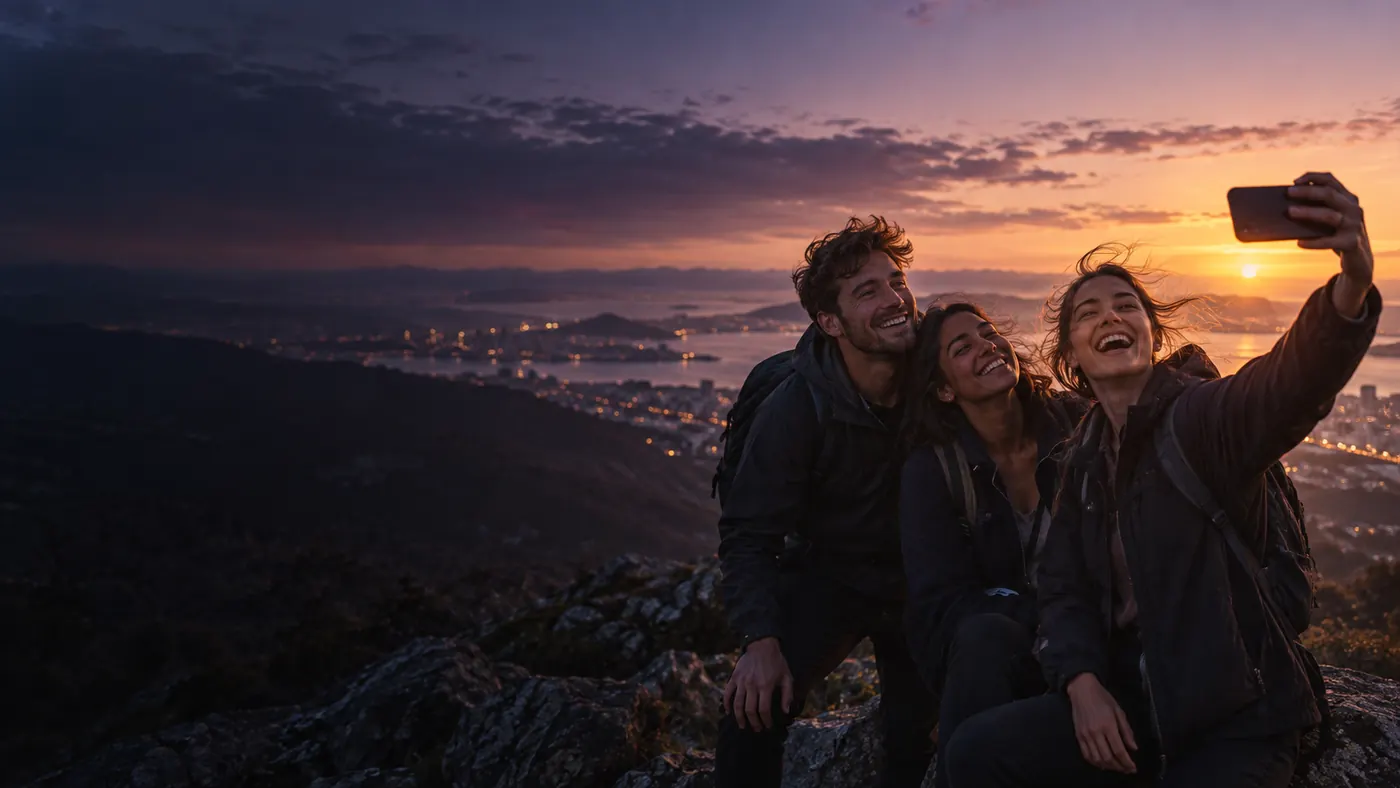 Three friends at sunrise after completing a shared Legendary quest.