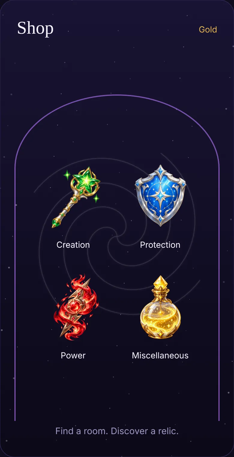 Gearshop entrance: a celestial portal around the Creation, Protection, Power and Miscellaneous rooms.
