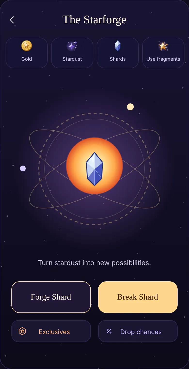 Starforge screen: currency counters, the celestial forge and the Forge Shard and Break Shard actions.