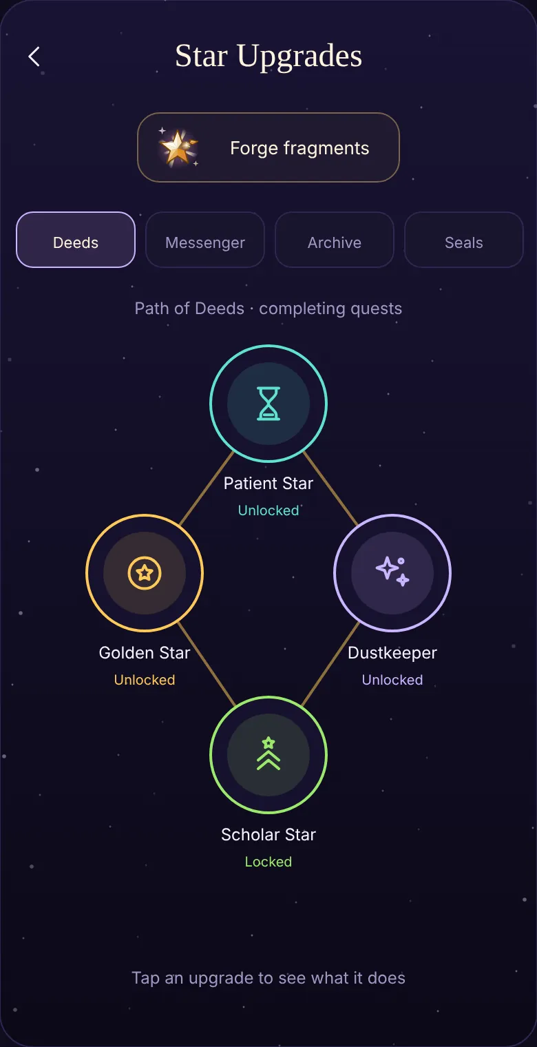 Star Upgrades screen with the Deeds, Messenger, Archive and Seals tabs and connected upgrade nodes.